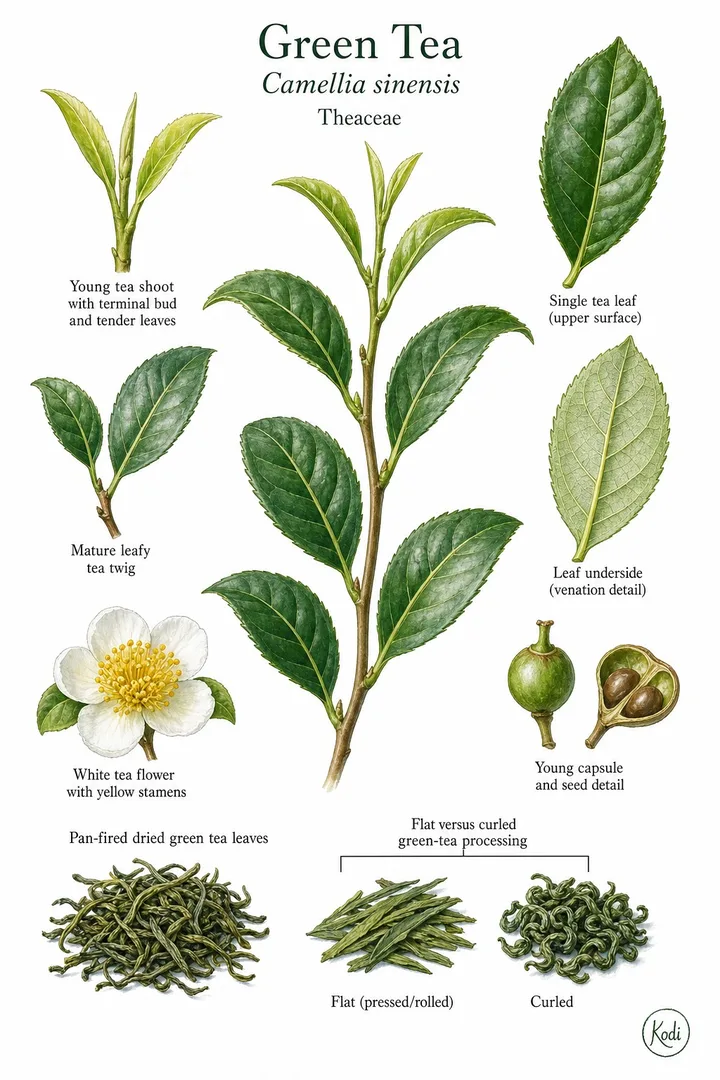 Botanical field plate of green tea, the natural source of L-theanine